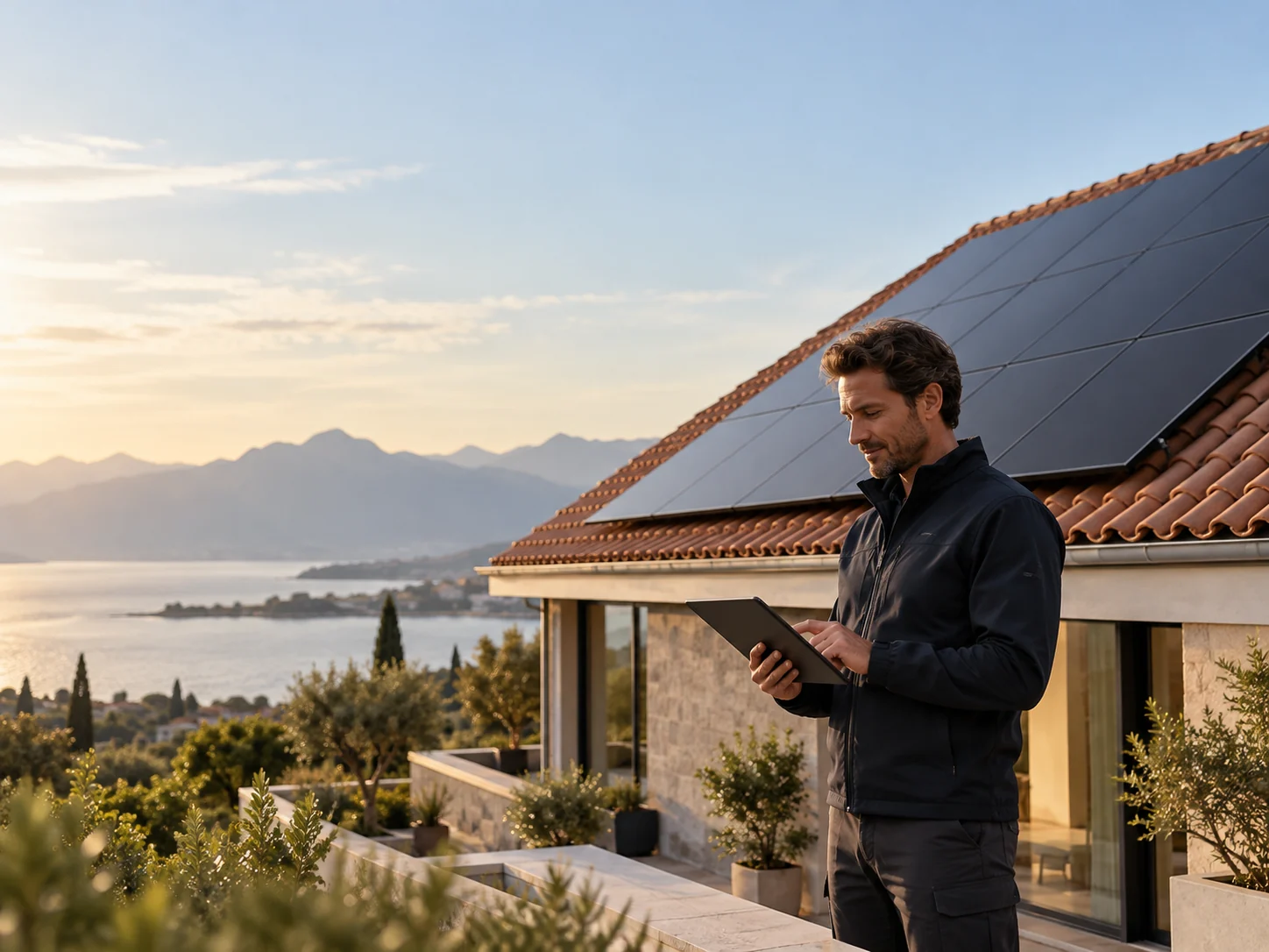 Solar professional using a tablet beside a solar-panelled house