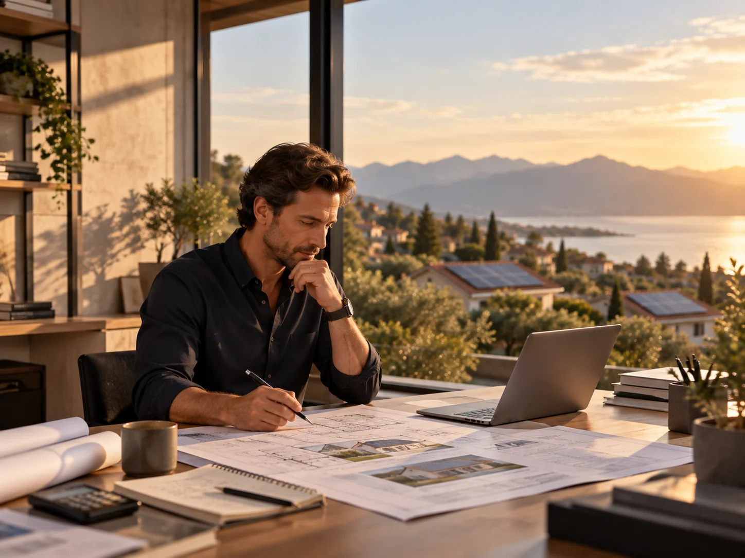 Solar engineer reviewing architectural plans at a desk